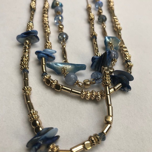 Very Long Triple Strand Goldtone & Blue Painted Shells Necklace 36” - Picture 11 of 12